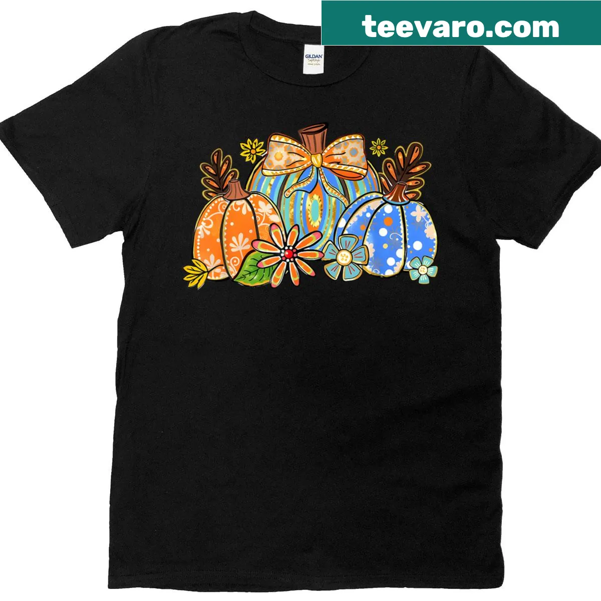 Cute autumn-themed T-shirt with pumpkins and falling leaves illustration — on a men's t-shirt