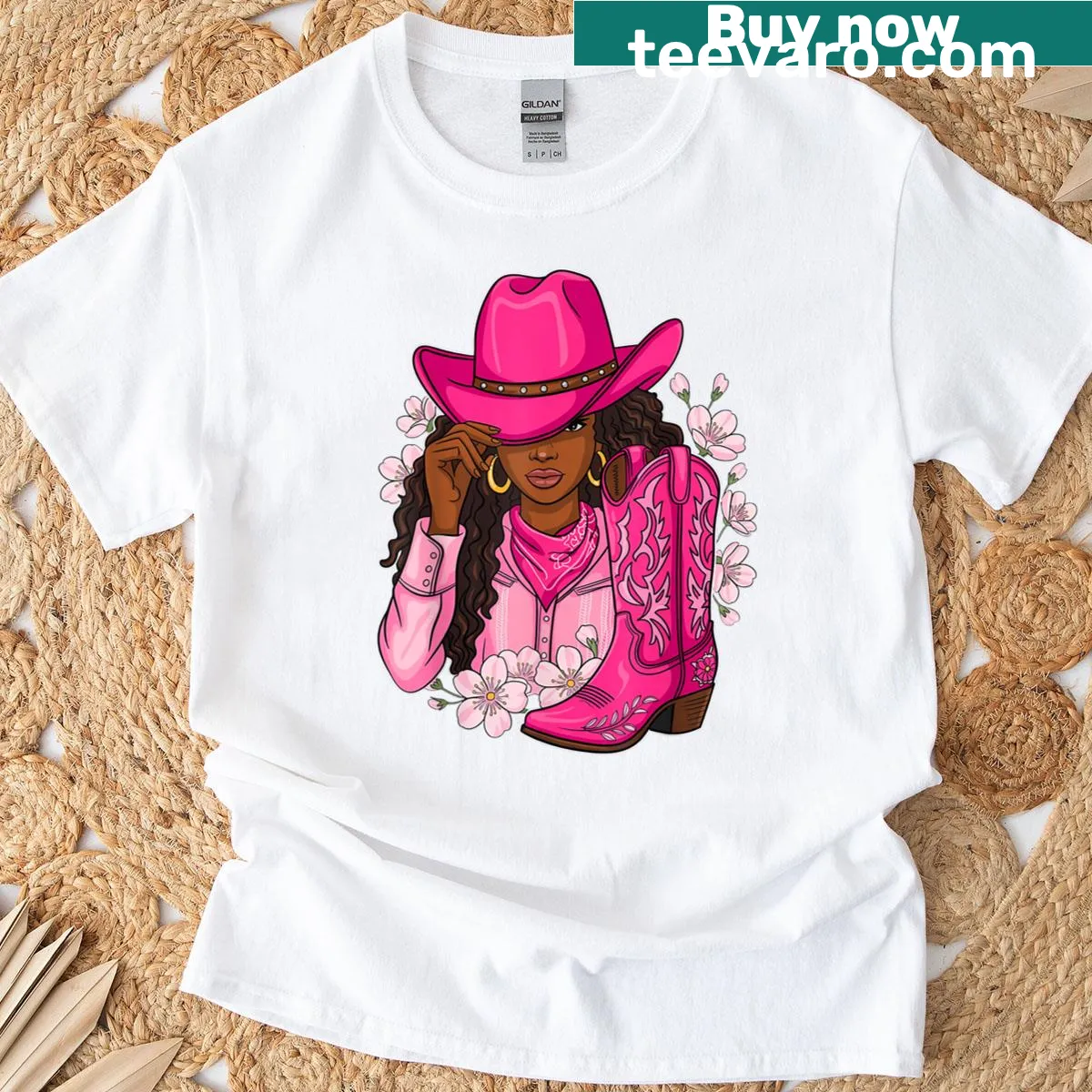 Western boots illustration T-shirt with Afro design — on a men's t-shirt