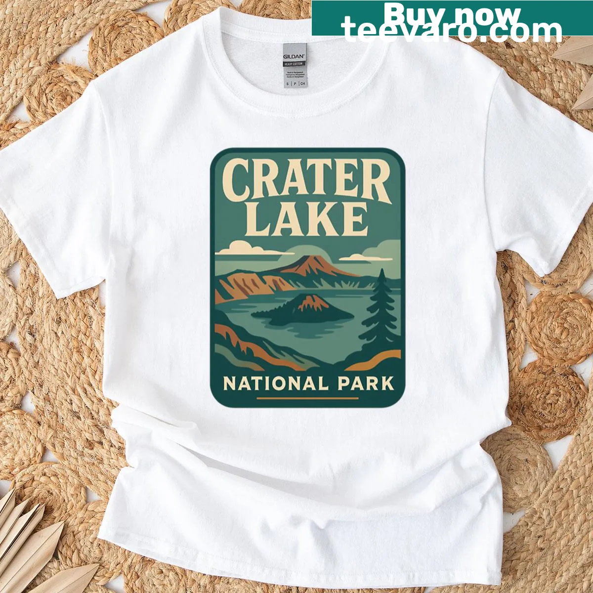Retro design t-shirt featuring Crater Lake National Park — on a men's t-shirt
