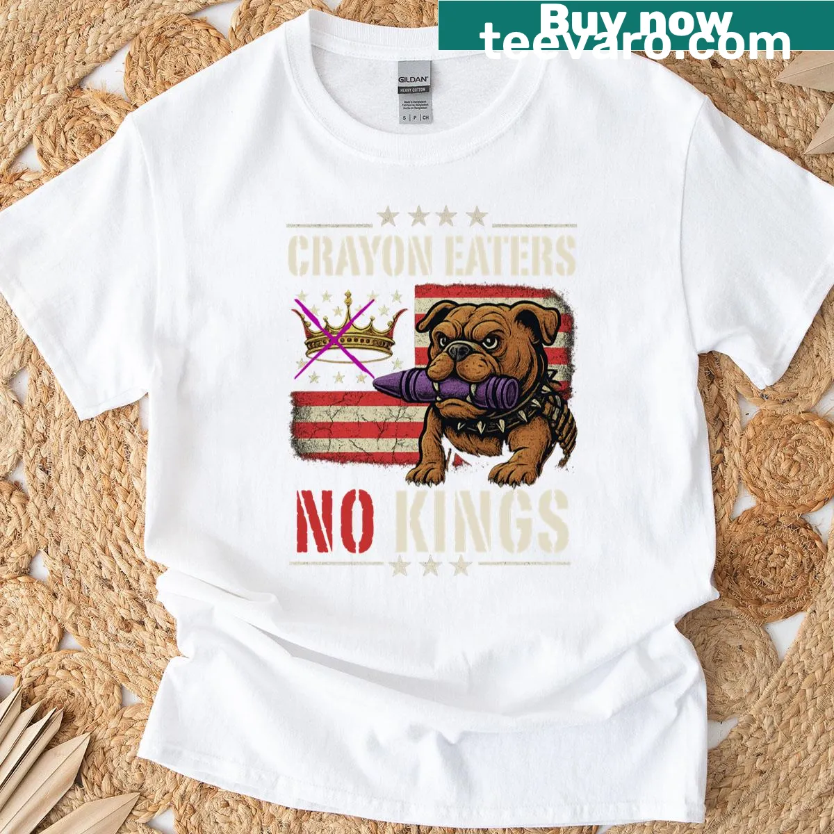 American Bulldog graphic with text 'Crayon Eaters No Kings' — on a men's t-shirt