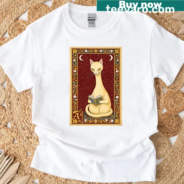 Illustration of a cream cat reading a book with medieval art elements