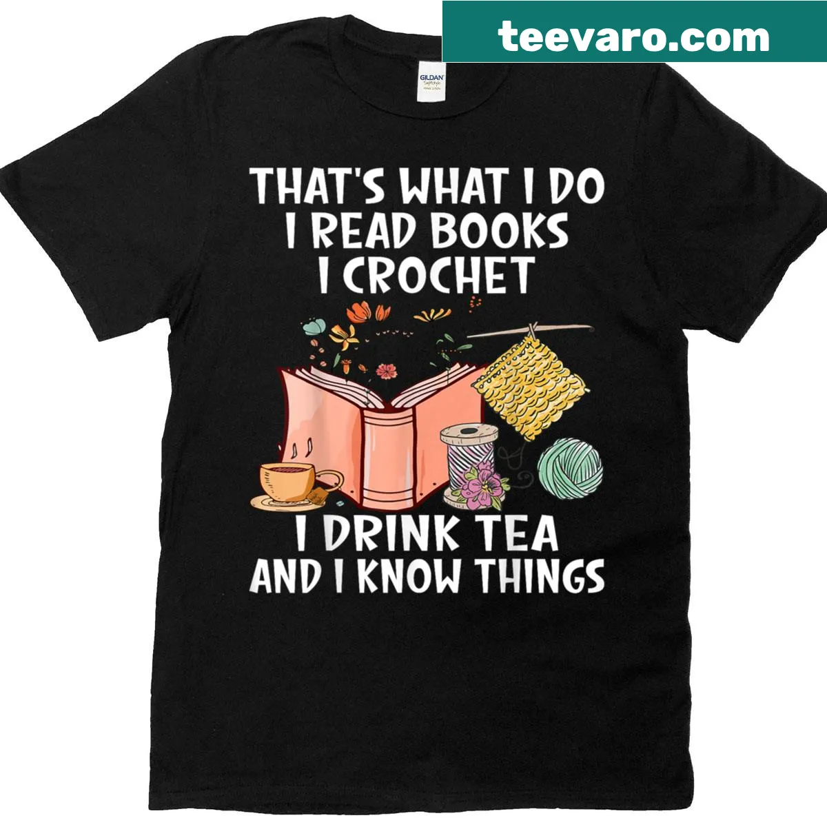 T-shirt featuring text about crocheting, reading, and drinking tea — on a men's t-shirt