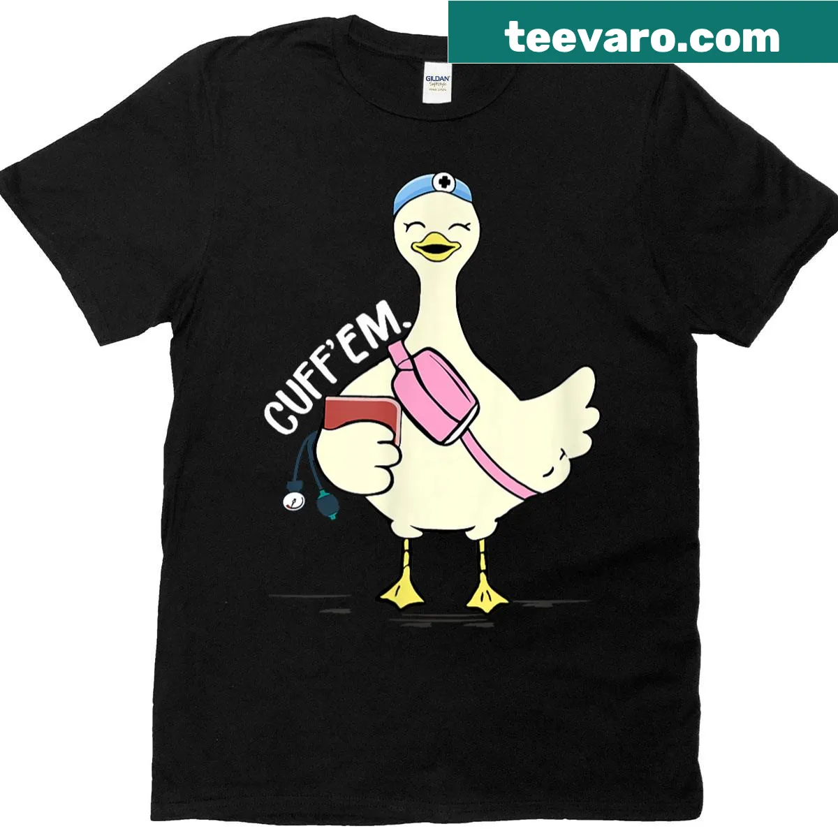 Funny T-shirt with a silly goose graphic and 'Cuff 'em' text — on a men's t-shirt