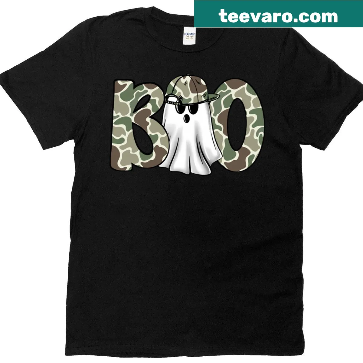 Adorable camo ghost T-shirt for Halloween — on a men's t-shirt