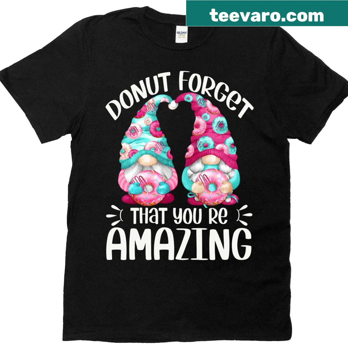 Cute T-shirt featuring gnomes and donuts with a positive message — on a men's t-shirt