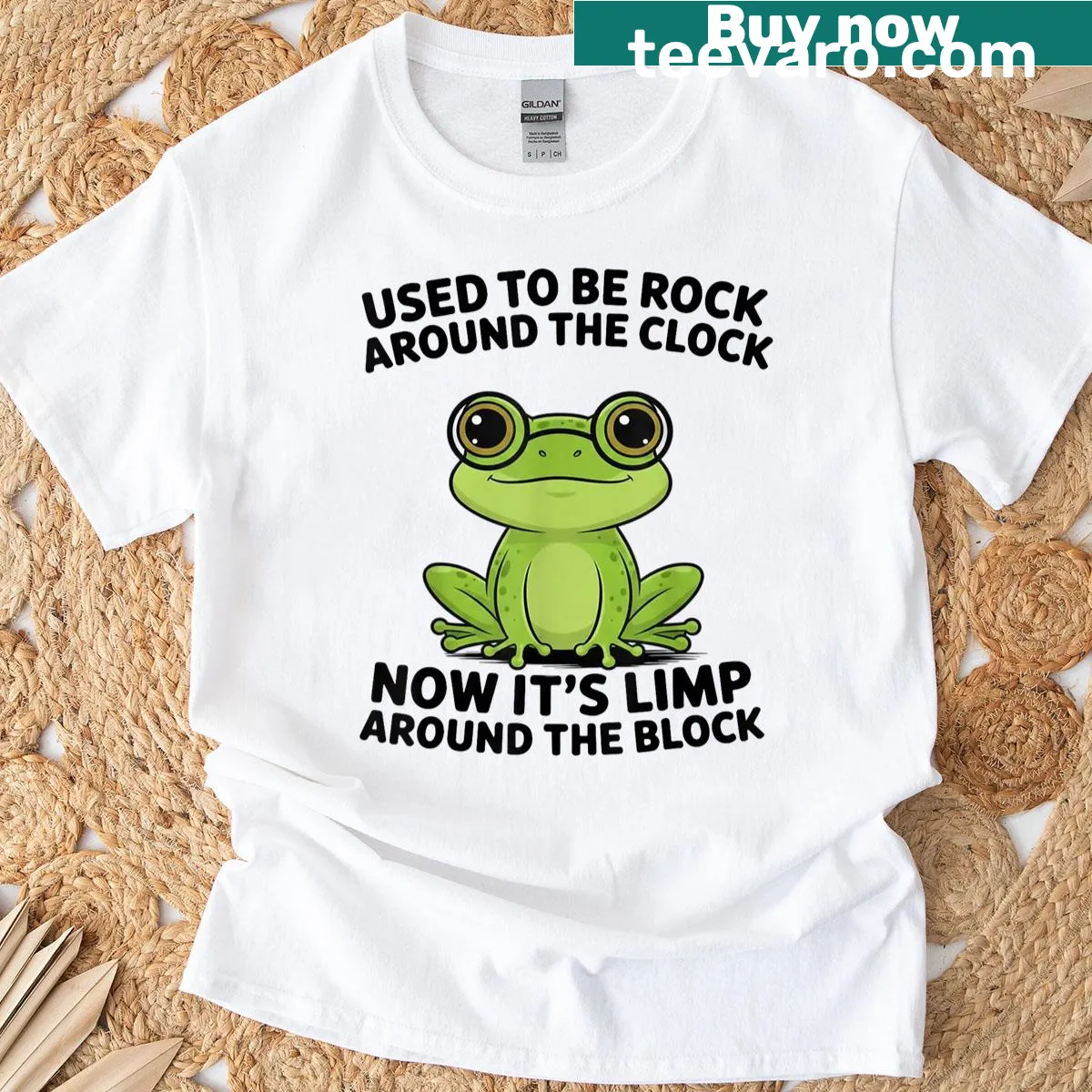 Funny frog graphic with 'Used To Be Rock Around The Clock' text — on a men's t-shirt