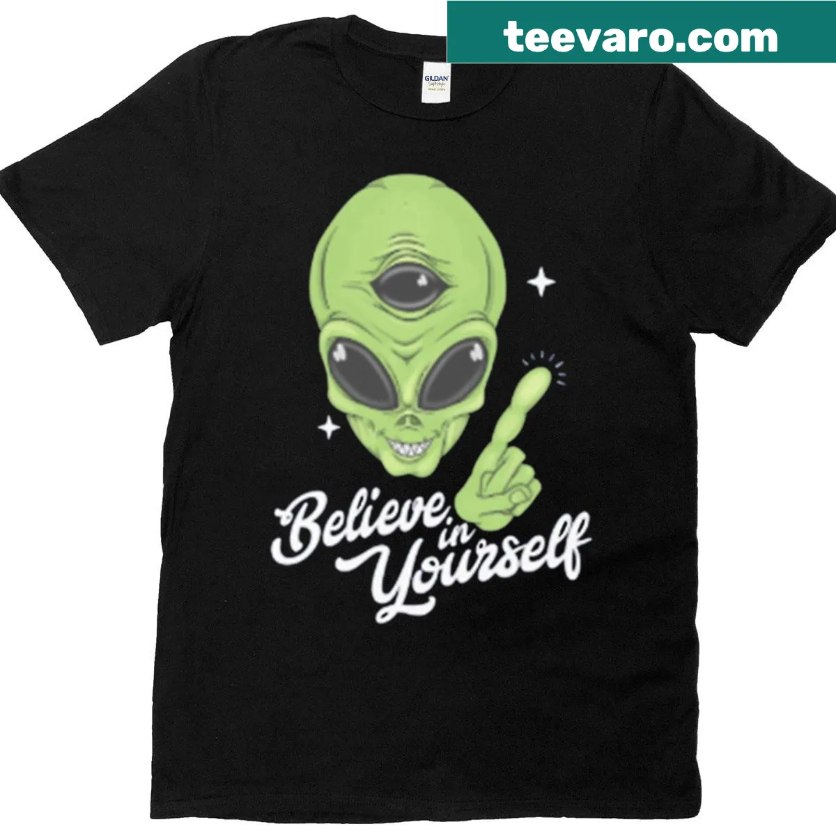 Cute green alien peace sign illustrated T-shirt — on a men's t-shirt