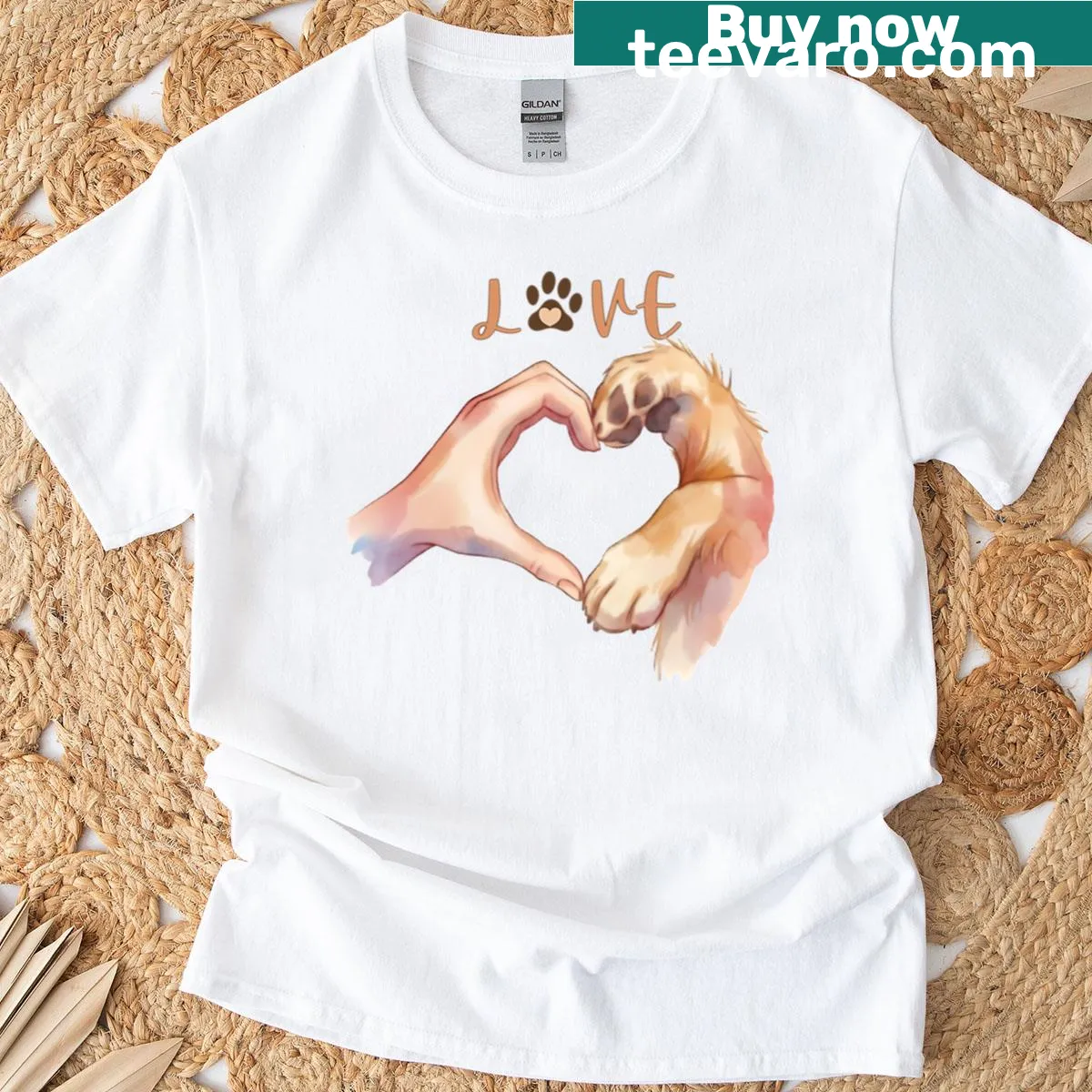 Watercolor design of a heart with a paw print and hand — on a men's t-shirt