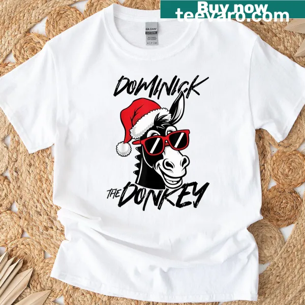Cartoon donkey character named Dominick on a t-shirt