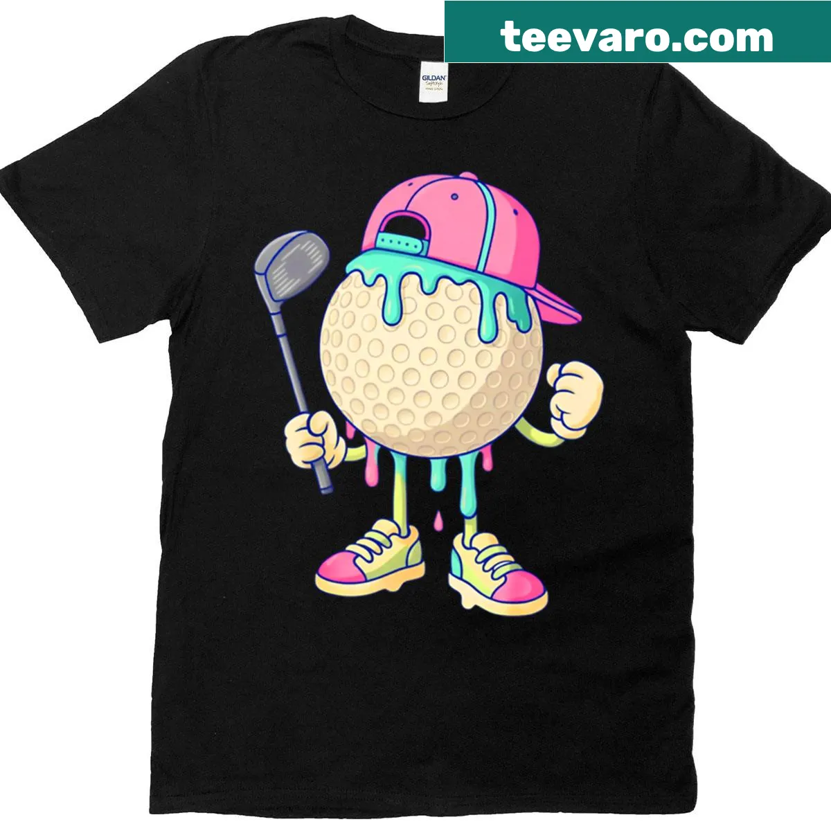 Cartoon T-shirt featuring a drippy golf ball design — on a men's t-shirt