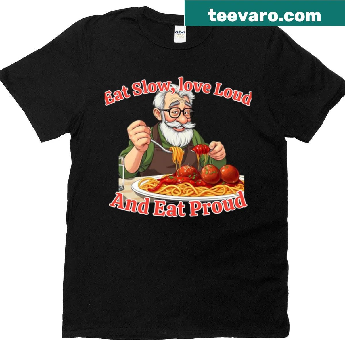 Pop art style t-shirt with food-themed design and text — on a men's t-shirt