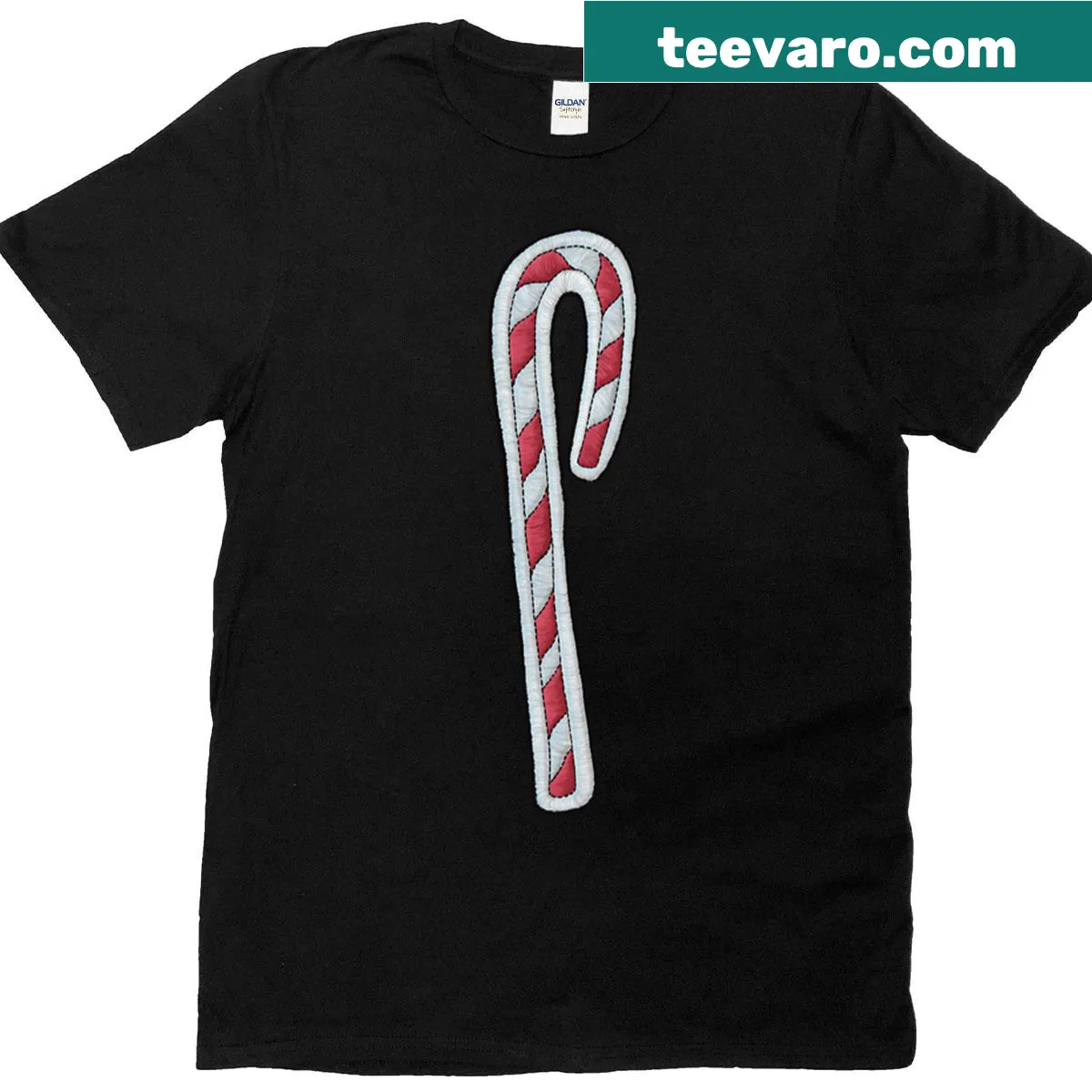 Embroidery-style candy cane graphic on a festive T-shirt — on a men's t-shirt
