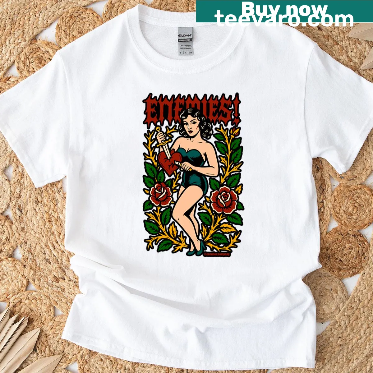 Vintage pinup graphic humorously depicting enemies — on a men's t-shirt