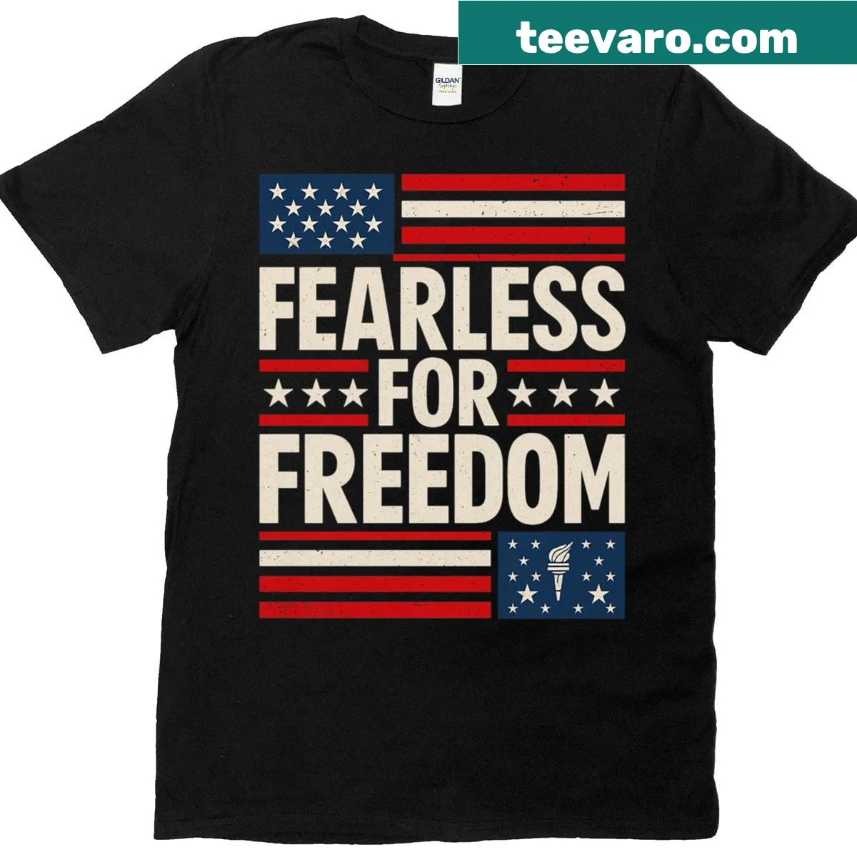 American patriotic t-shirt with a fearless freedom design — on a men's t-shirt