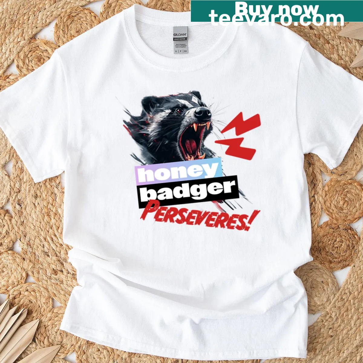 Illustration of a honey badger with the phrase 'Honey Badger Perseveres'. — on a men's t-shirt