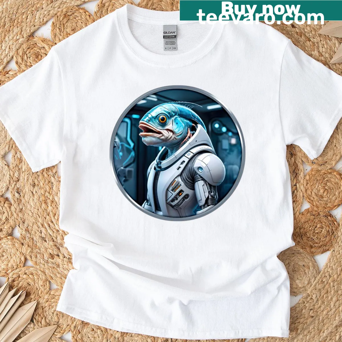 Whimsical astronaut fish graphic in space on t-shirt — on a men's t-shirt