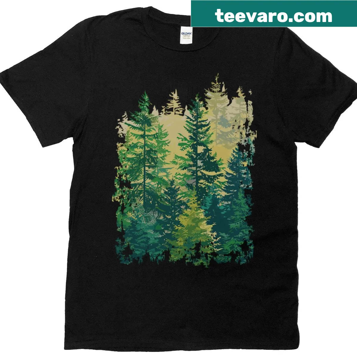 Illustration of layered trees creating a forest scene — on a men's t-shirt