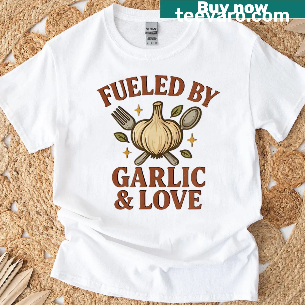 Funny food-themed t-shirt with garlic and love graphic — on a men's t-shirt