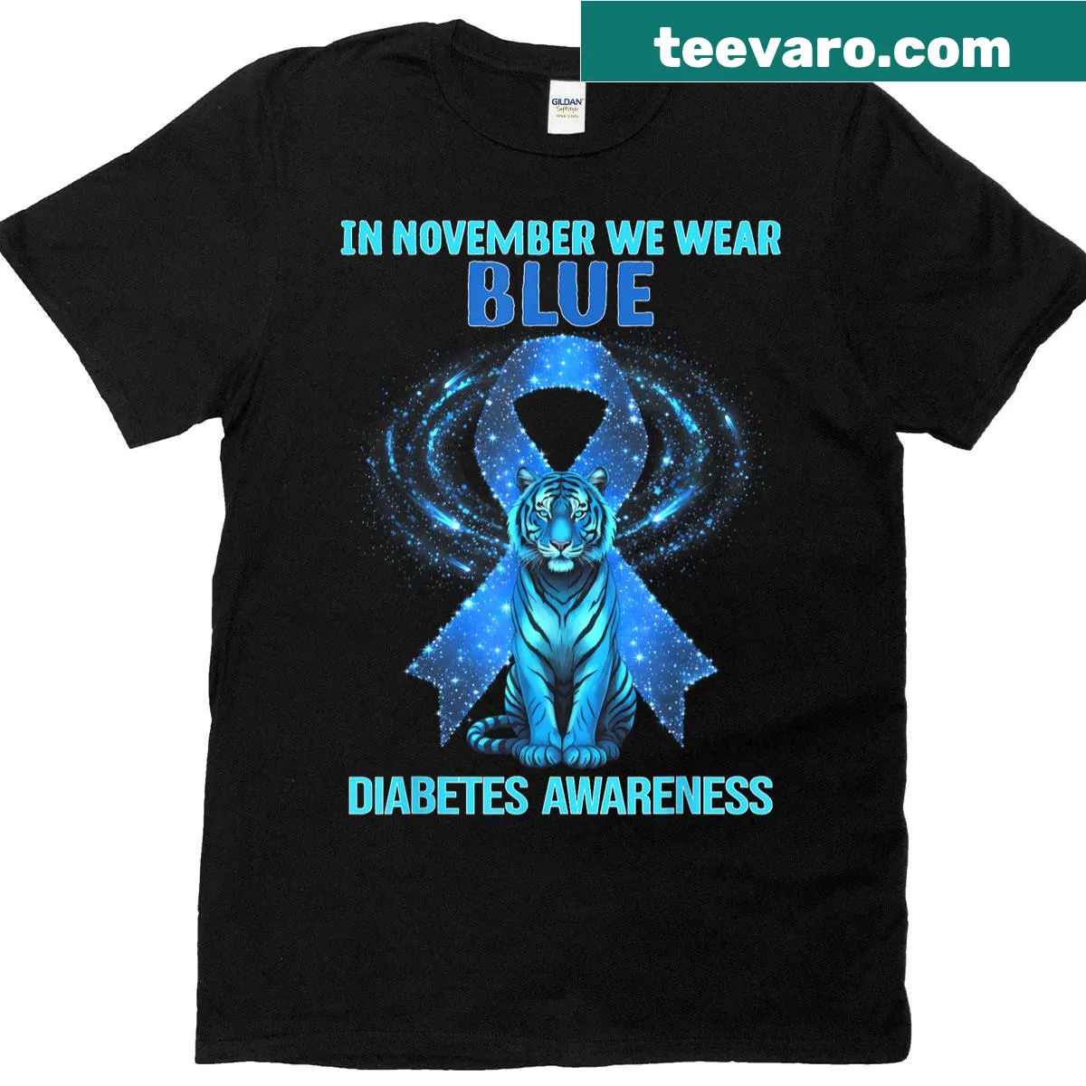 Illustration of a blue tiger promoting diabetes awareness for November — on a men's t-shirt