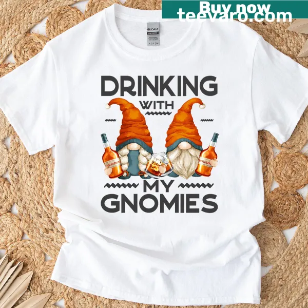 Cartoon gnomes drinking together on a humorous T-shirt