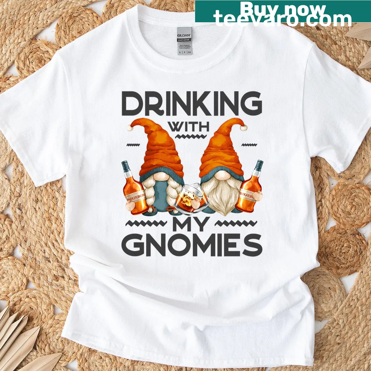 Cartoon gnomes drinking together on a humorous T-shirt — on a men's t-shirt