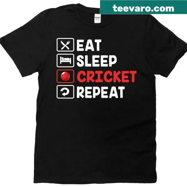 Humorous cricket player t-shirt with eat sleep cricket repeat text