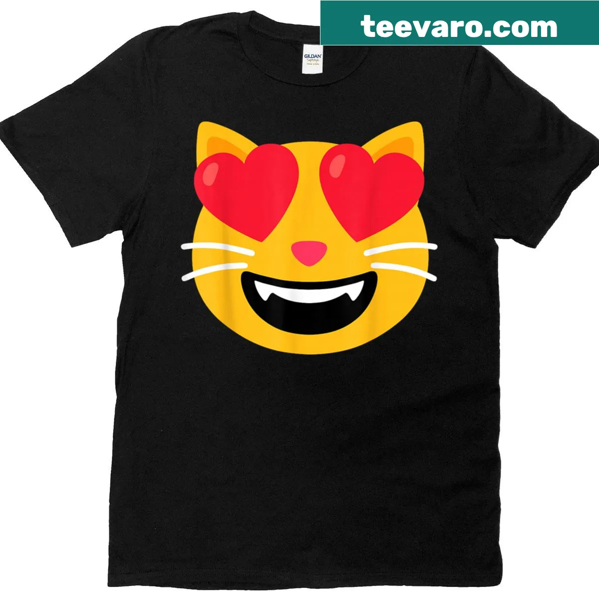 Cartoon smiling cat face with floating hearts on t-shirt — on a men's t-shirt