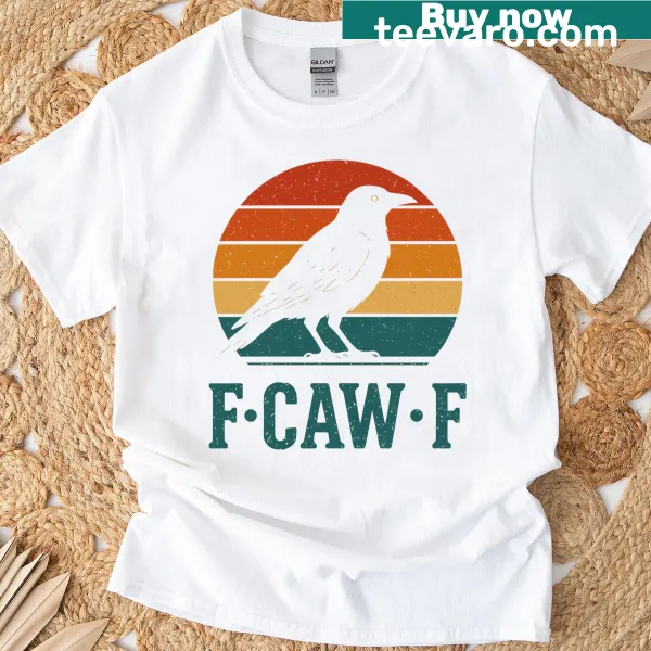 Retro design with 'F Caw F Crow' text over sunset