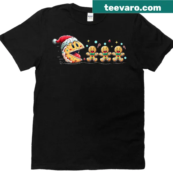 Cartoon gingerbread cookie graphic on a kids' Christmas t-shirt