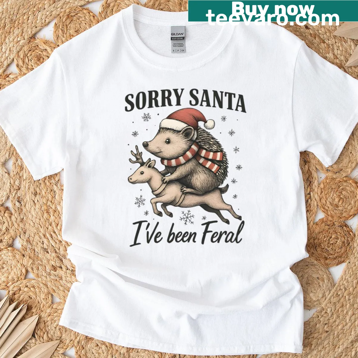 Funny hedgehog Christmas t-shirt with cartoon design — on a men's t-shirt