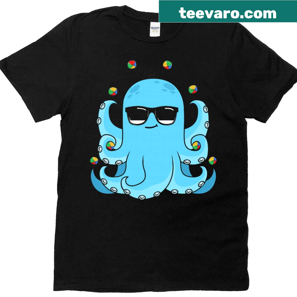Illustration of a juggling octopus wearing sunglasses — on a men's t-shirt