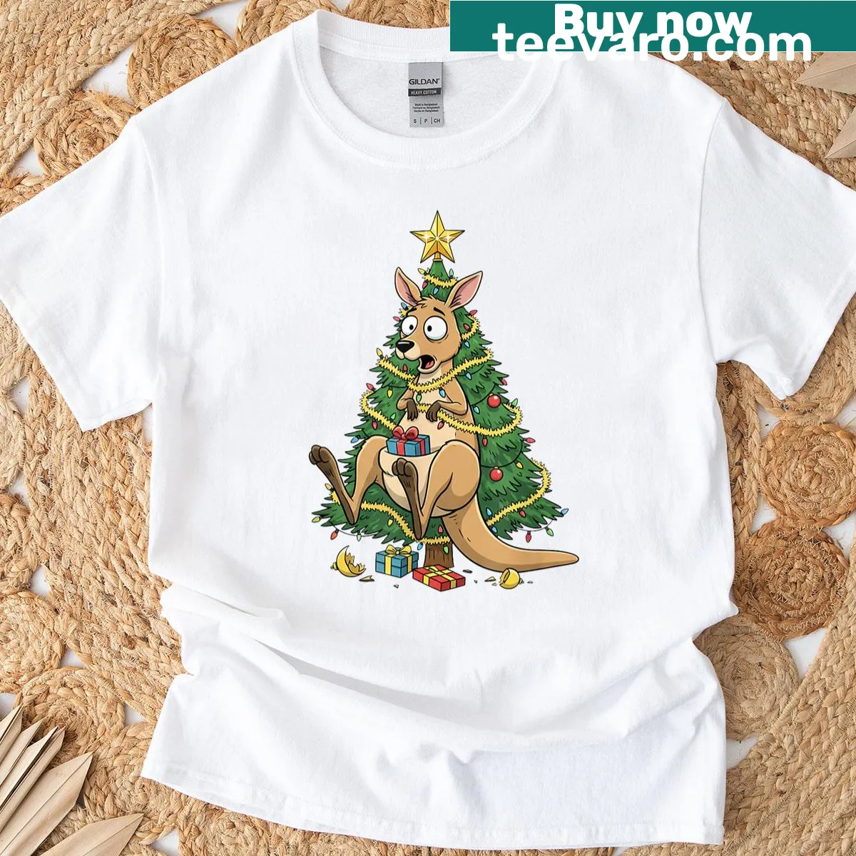 Kangaroo with Christmas tree lights design — on a men's t-shirt