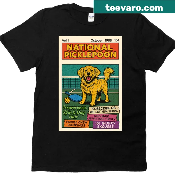 Comic-style illustration of a dog playing pickleball
