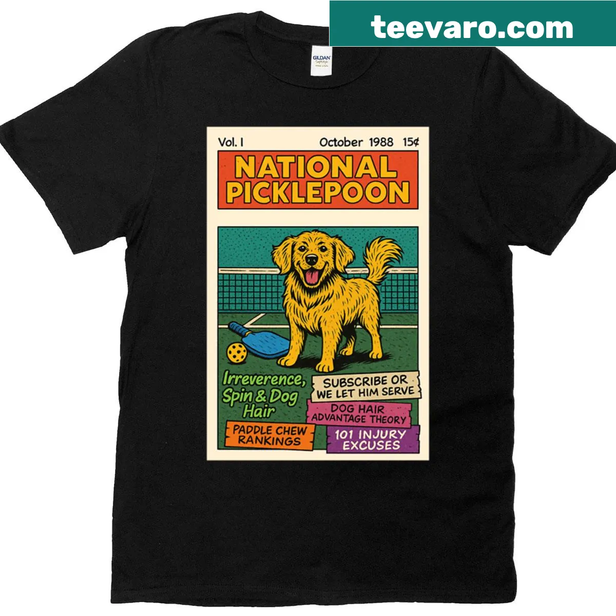 Comic-style illustration of a dog playing pickleball — on a men's t-shirt
