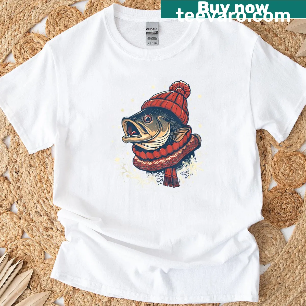 Vintage-style funny winter fishing graphic t-shirt — on a men's t-shirt