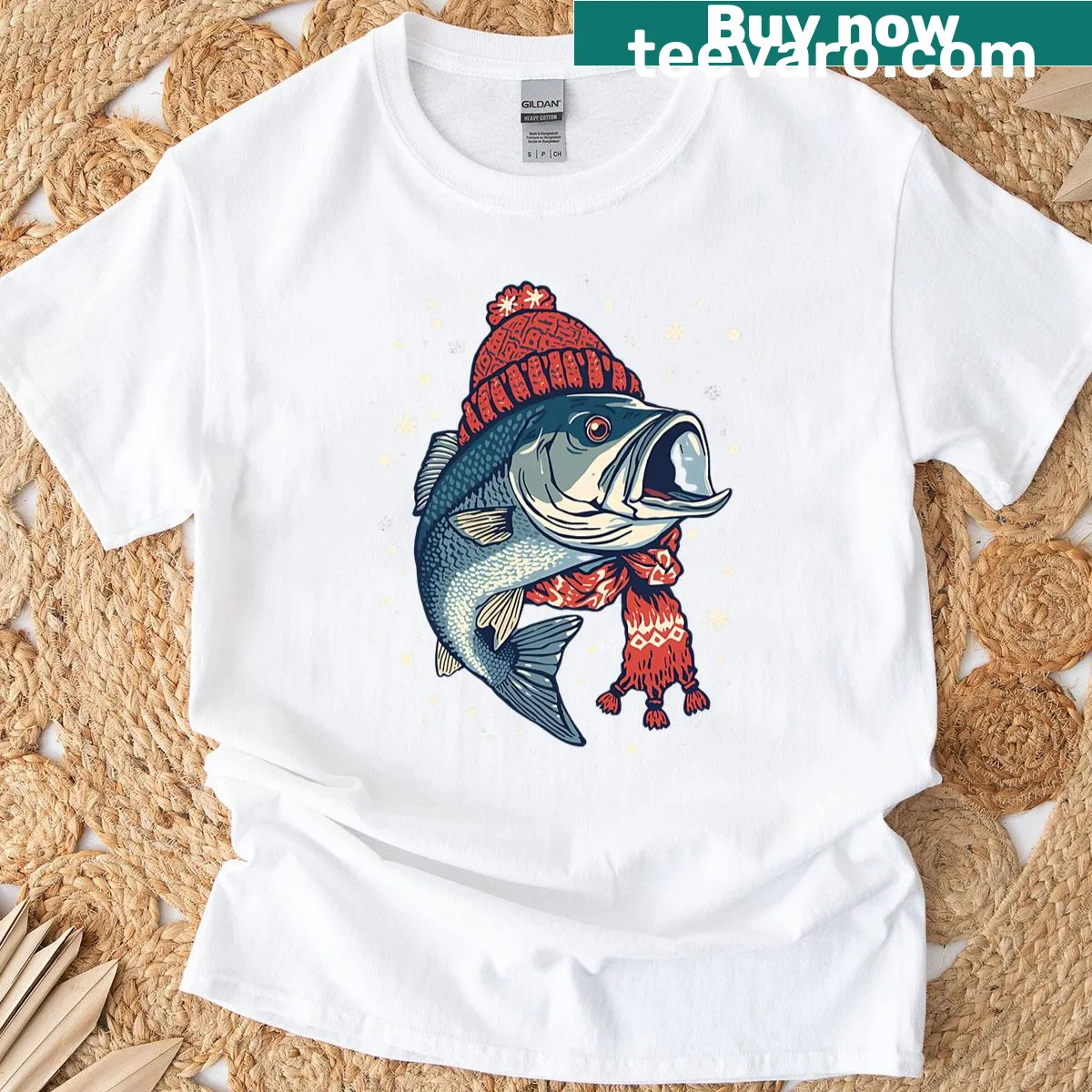 Vintage-style T-shirt with a humorous winter fishing theme — on a men's t-shirt