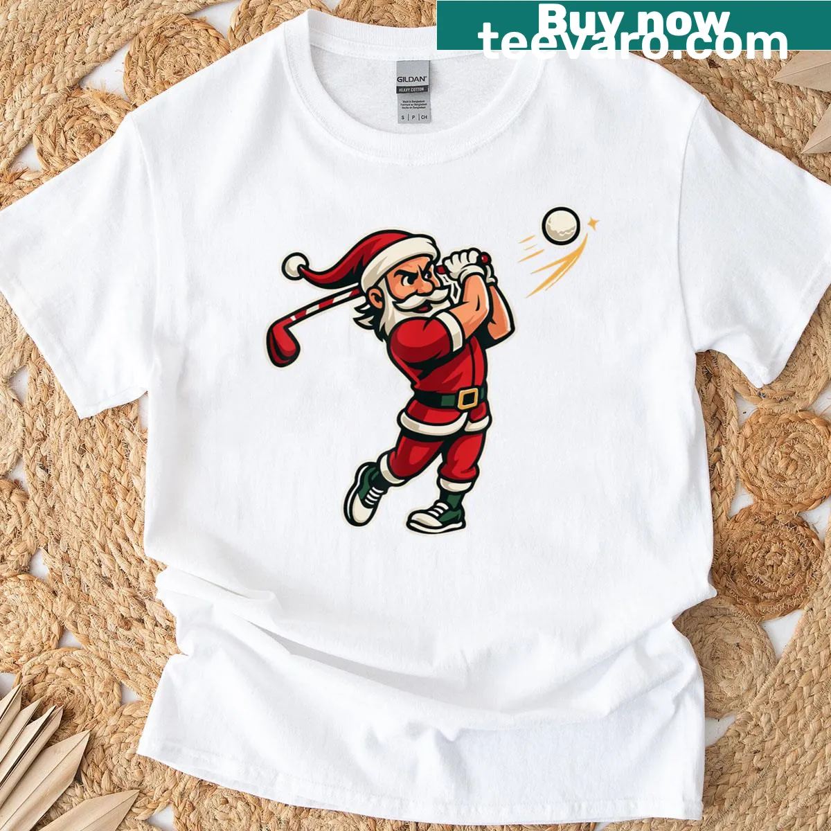 Santa golfing t-shirt with Christmas theme and illustration — on a men's t-shirt