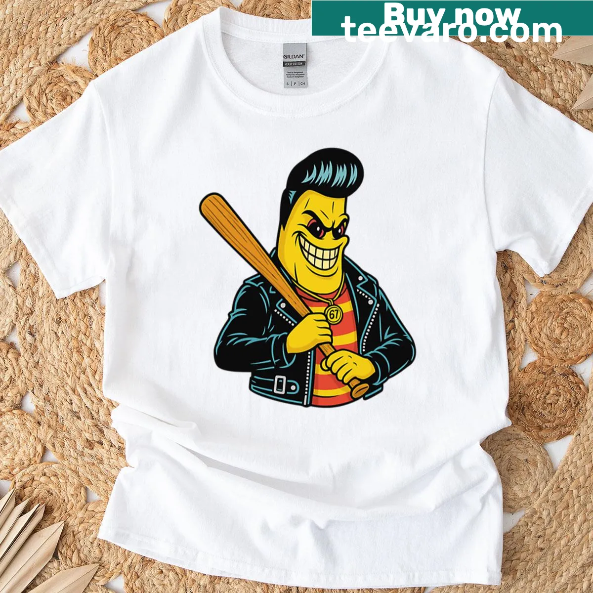 Cartoon banana with baseball bat graphic on T-shirt — on a men's t-shirt