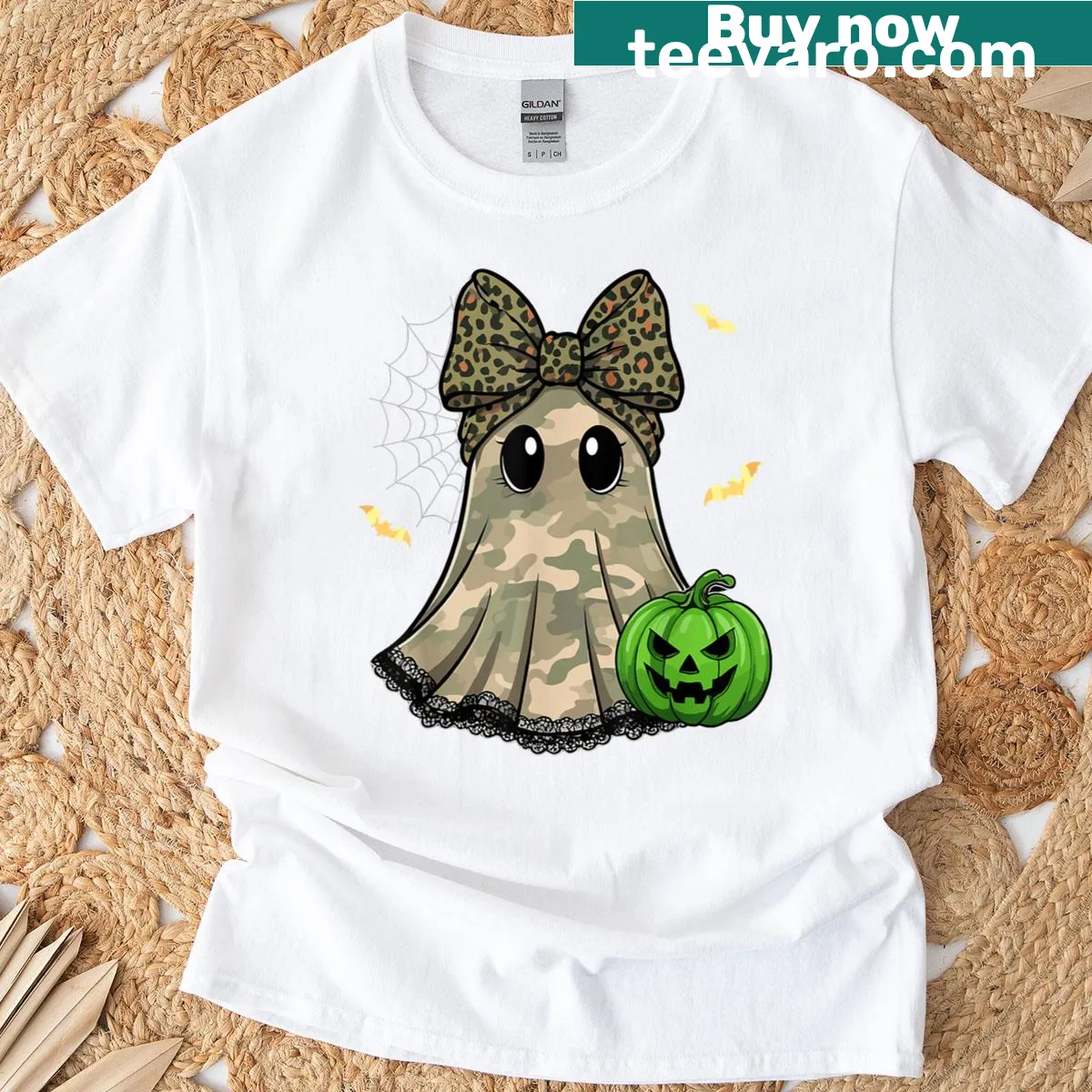 Camo Halloween tee with a cute ghost and lace bow design — on a men's t-shirt
