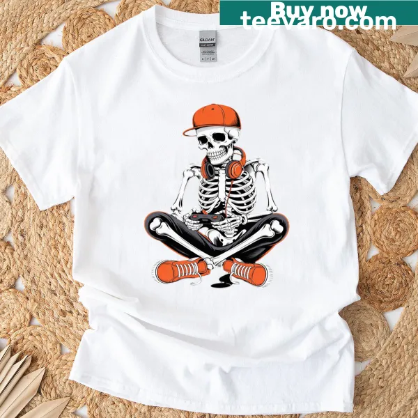 Funny Halloween T-shirt with a skeleton gamer graphic.