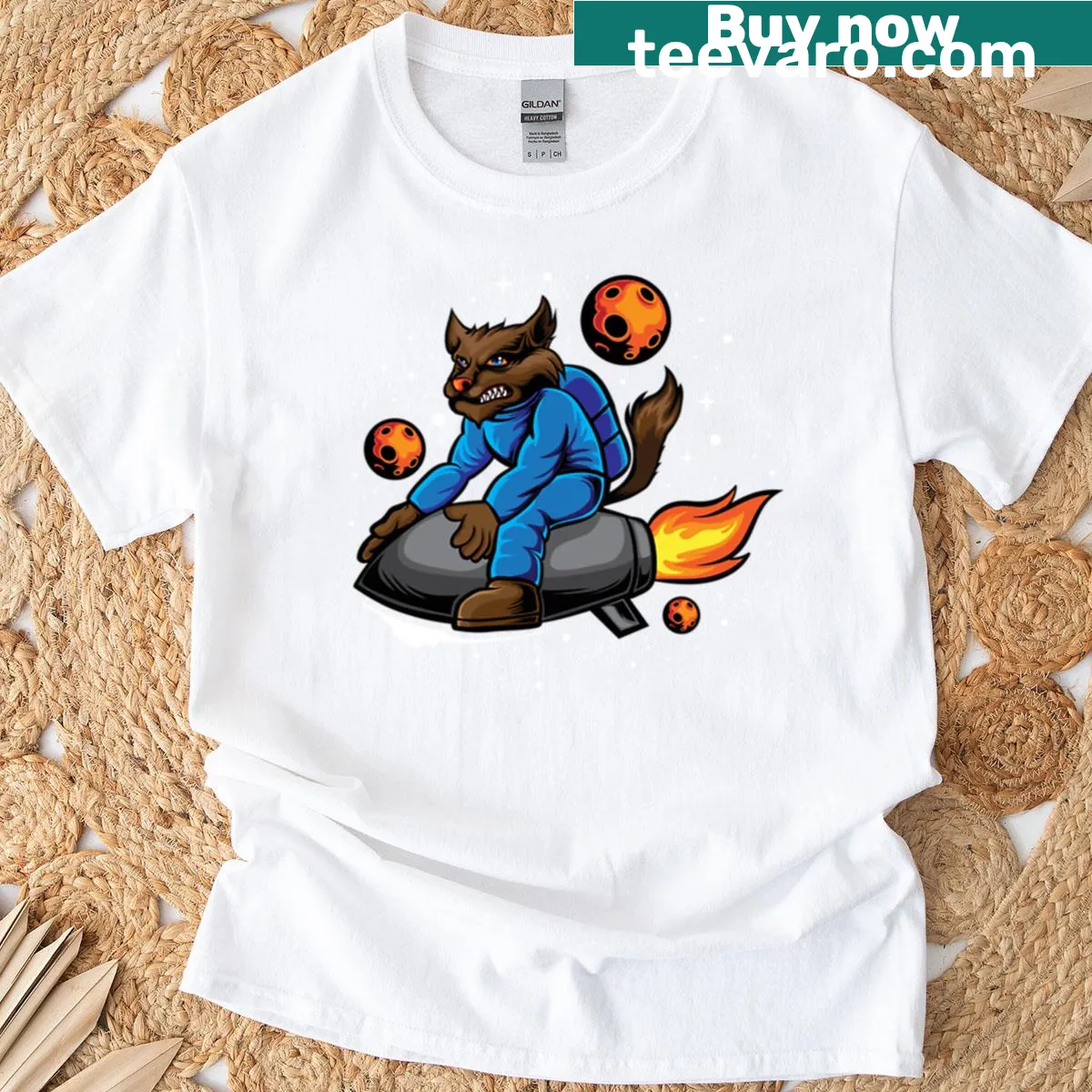 Cartoon astronaut wolf in a rocket T-shirt design — on a men's t-shirt