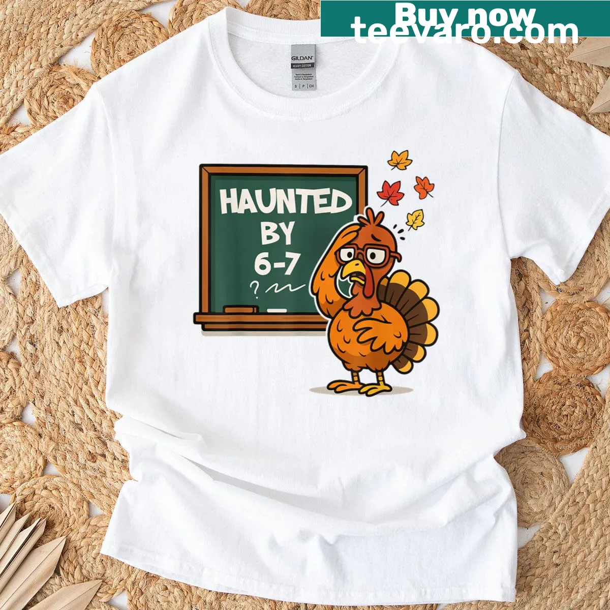 Funny teacher Thanksgiving t-shirt with haunted theme and turkey graphics — on a men's t-shirt