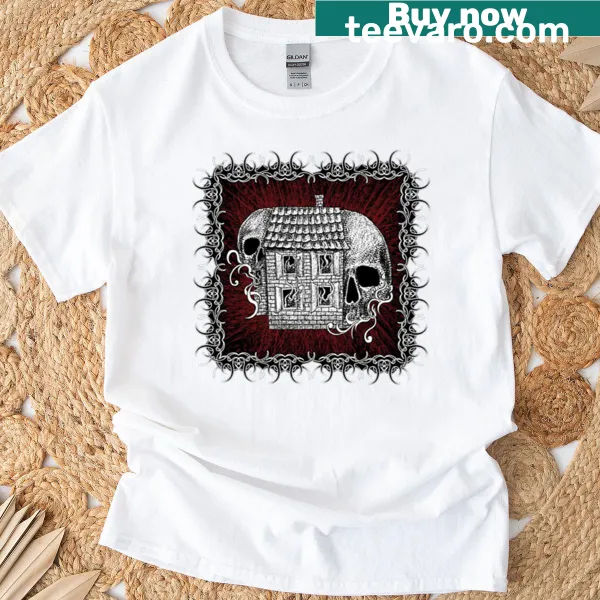 Gothic haunted house design within a frame on a t-shirt