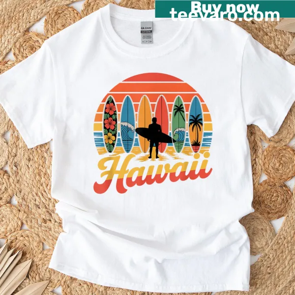 Retro Hawaiian surfing T-shirt with surfboard and beach design