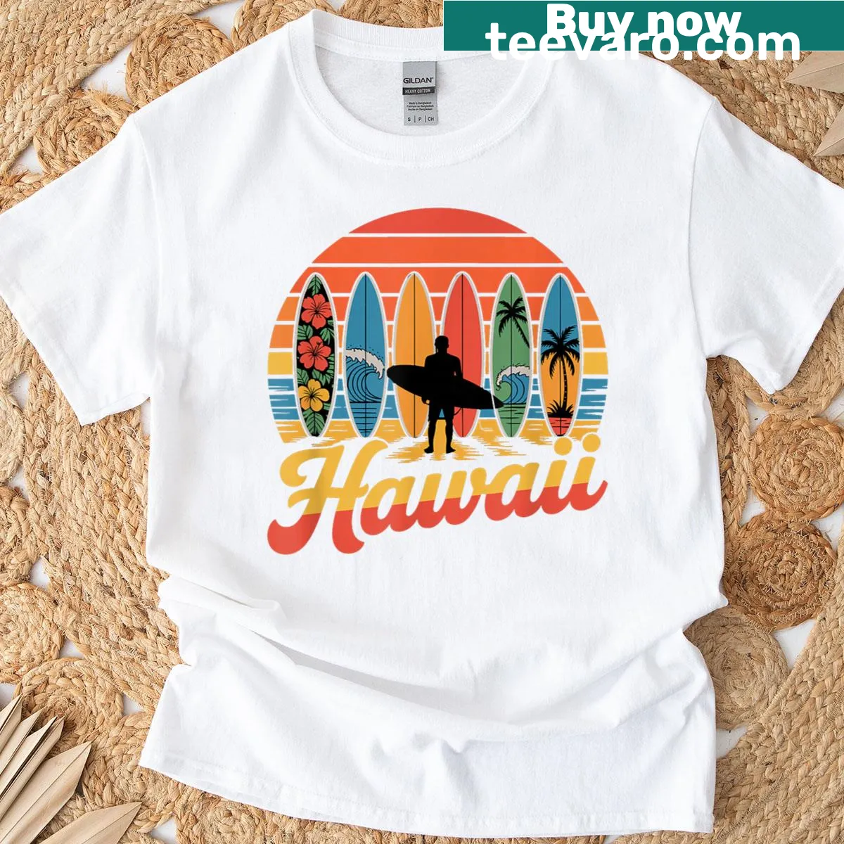 Retro Hawaiian surfing T-shirt with surfboard and beach design — on a men's t-shirt