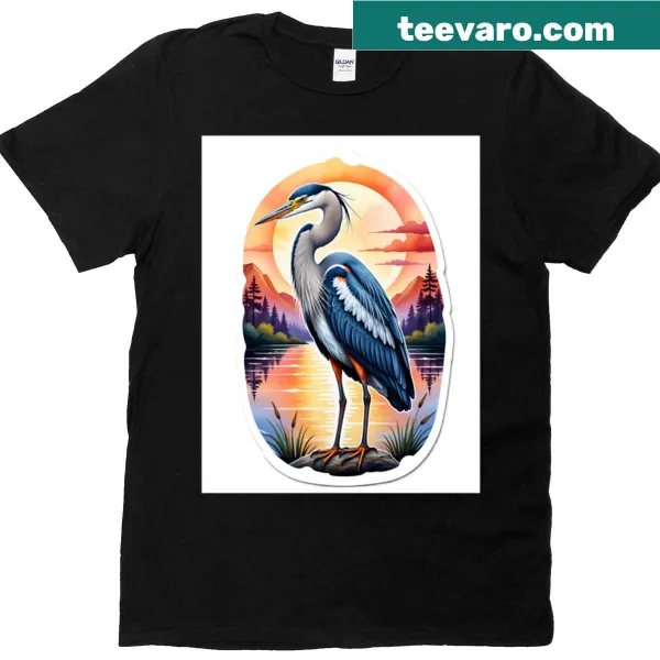 Illustration of a heron standing on a lake during sunset.