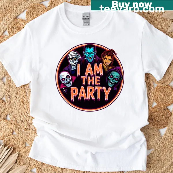 Halloween T-shirt with 'I Am The Party' graphic design.