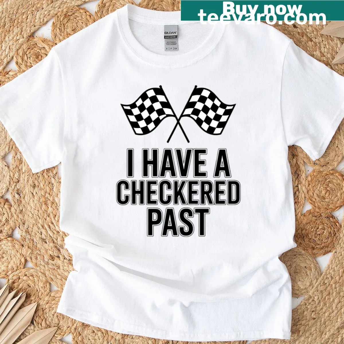 Racing flag graphic on a playful 'I Have A Checkered Past' T-shirt — on a men's t-shirt