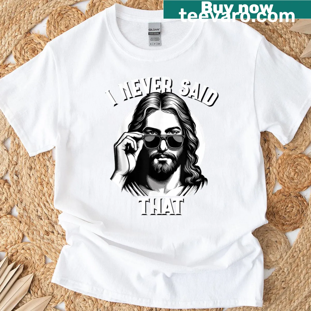 Funny Jesus meme T-shirt with humorous text design. — on a men's t-shirt