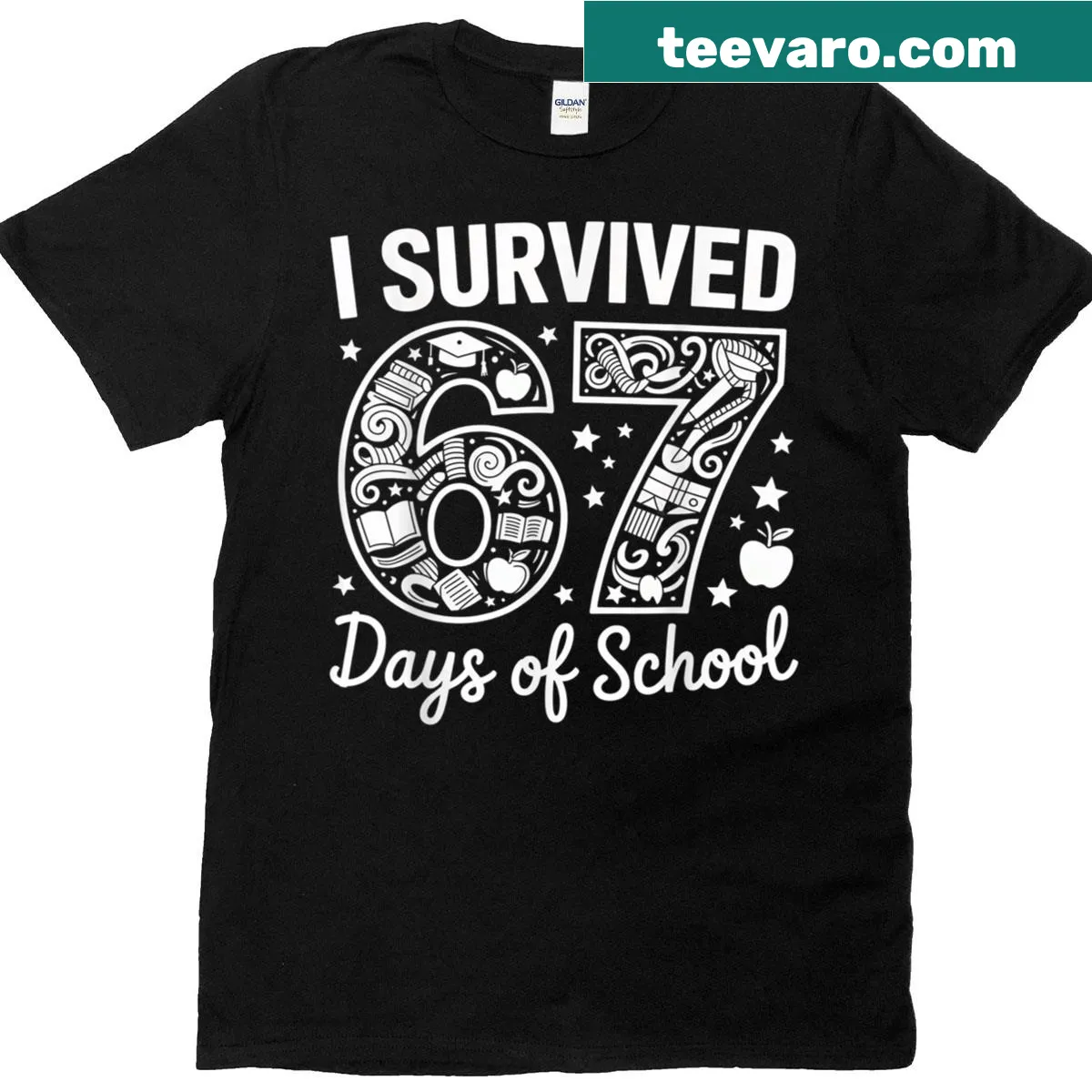 Funny teacher-student survival t-shirt celebrating 67 days. — on a men's t-shirt